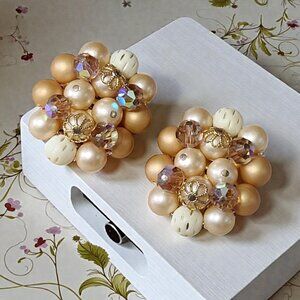 Pearl and crystal earrings, vintage clip ons signed Lorraine Marsel
